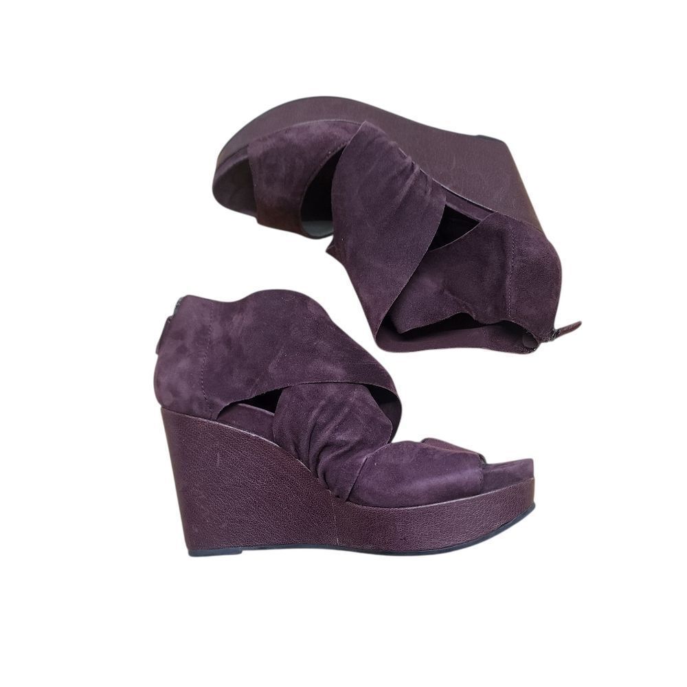 Eileen Fisher Wedge Heels 6 Plum Purple Suede Open Toe Zip Back